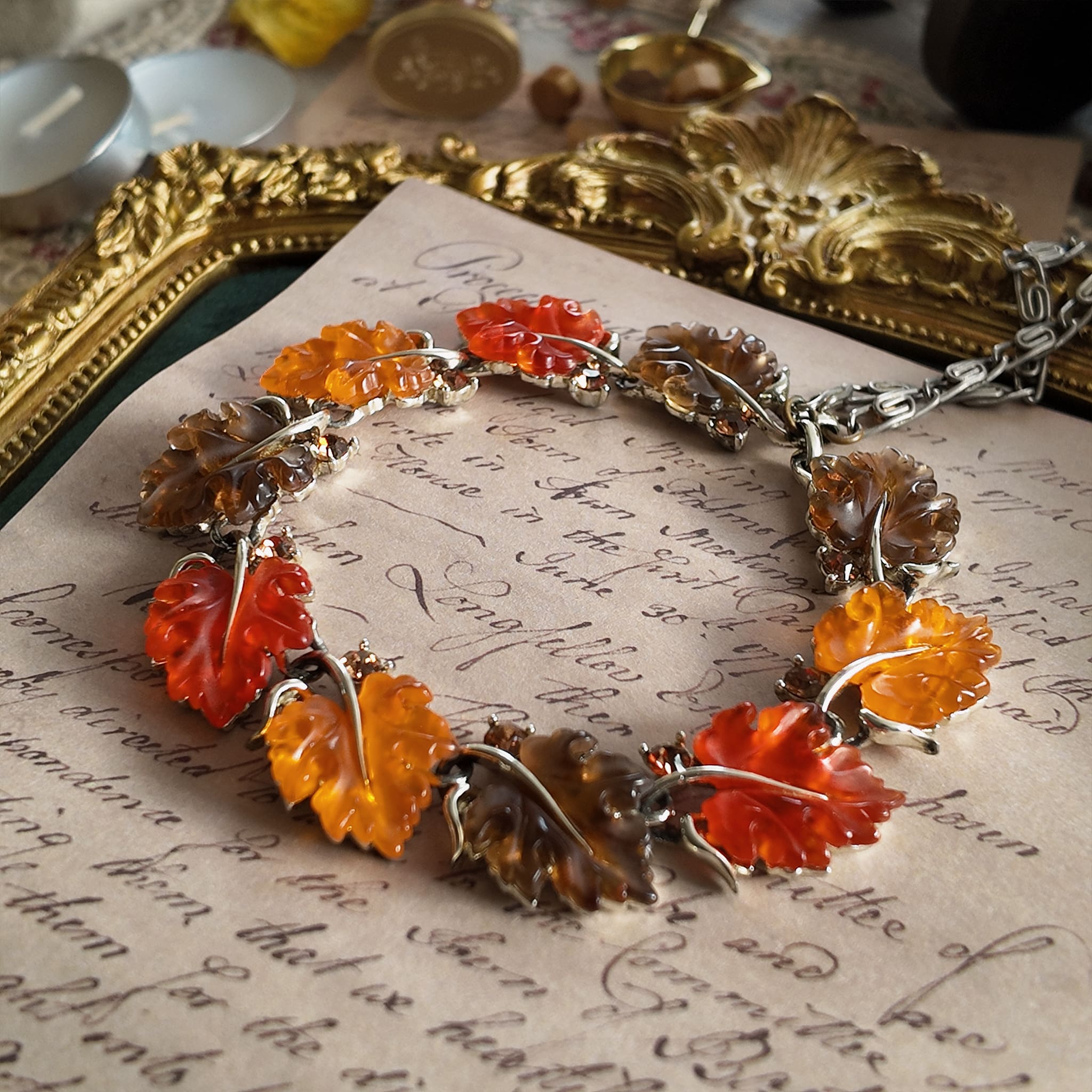 Orange Lucite Oak Leaf "Fruit Salad" Necklace