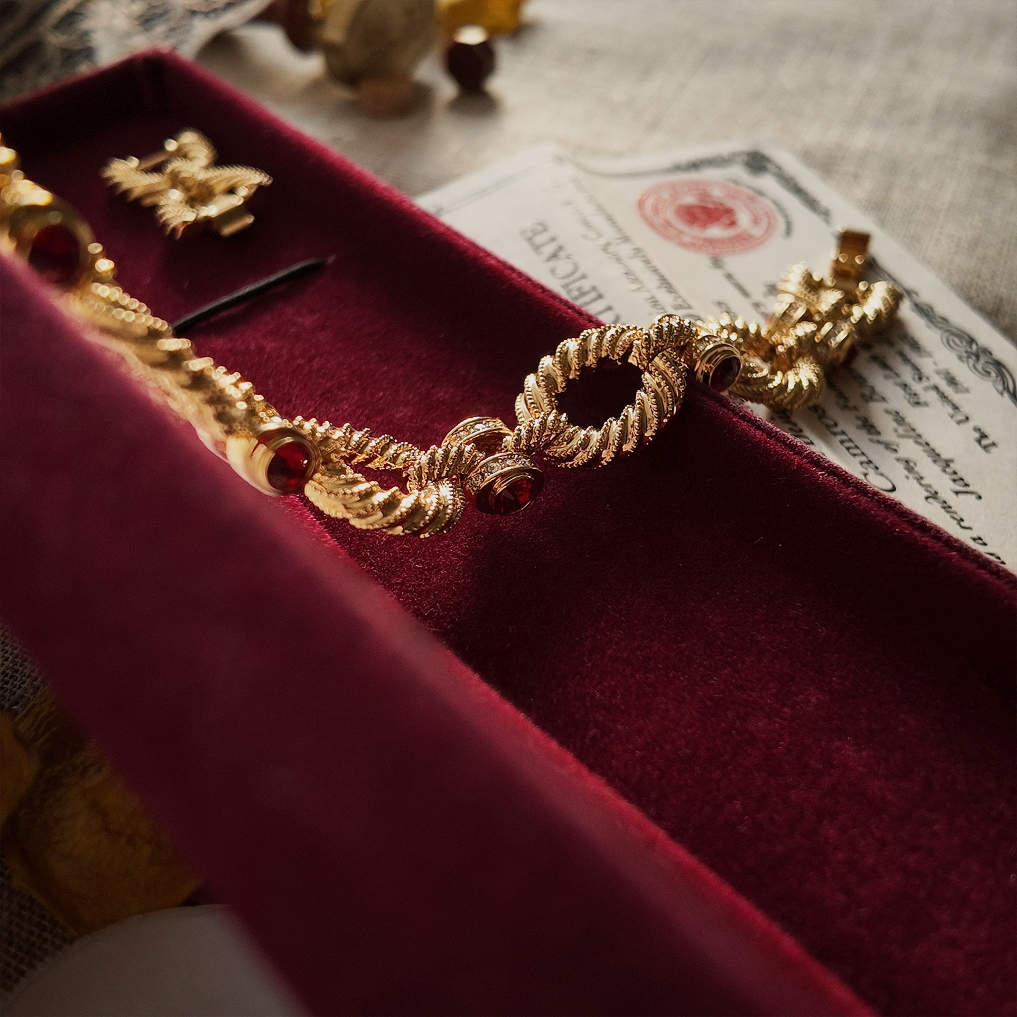 Showcasing the luster of the gold bracelet under sunlight, as well as details of the original box.