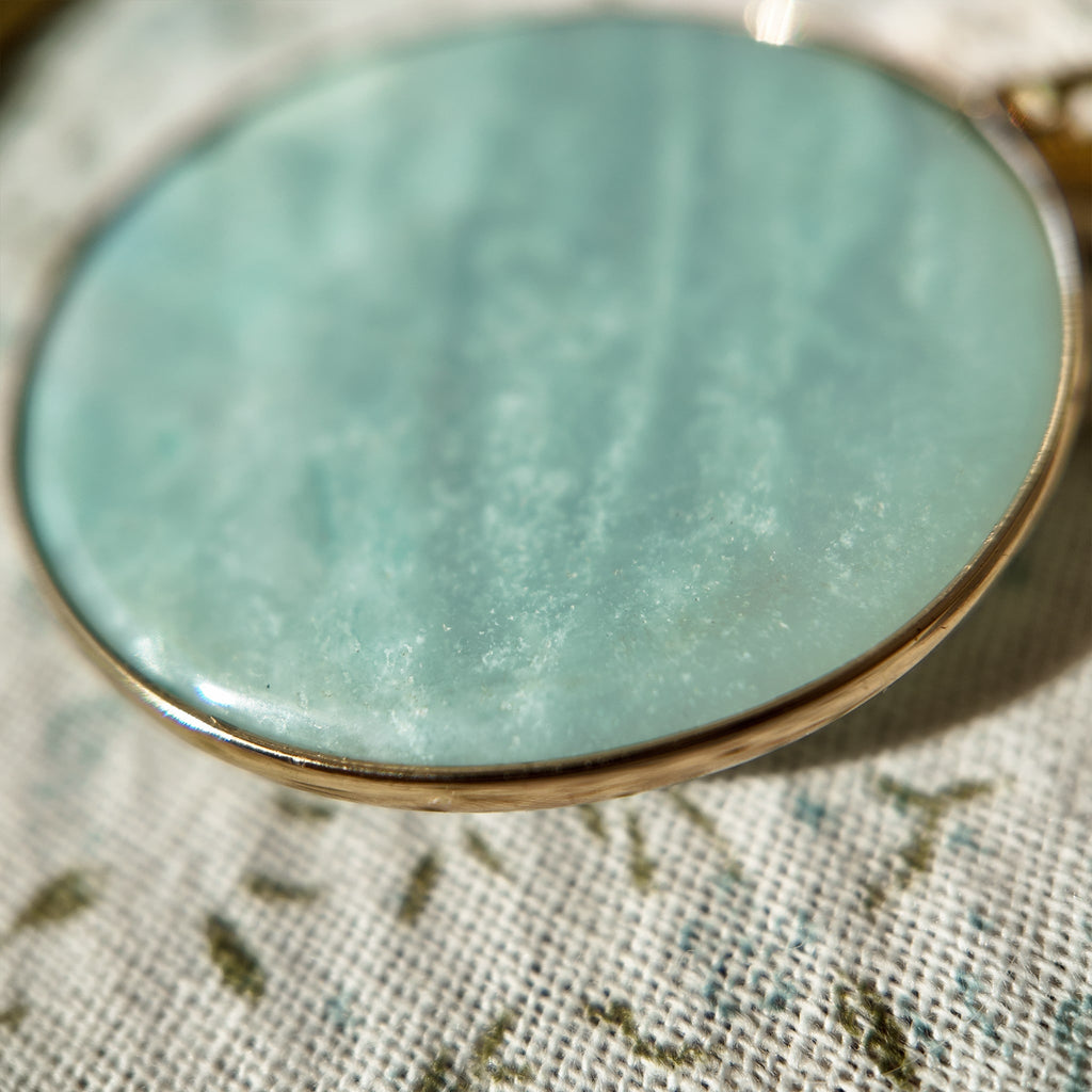 Close-up details of the blue amazonite; its color is more intense than that of blue quartz, making it a truly beautiful blue stone.