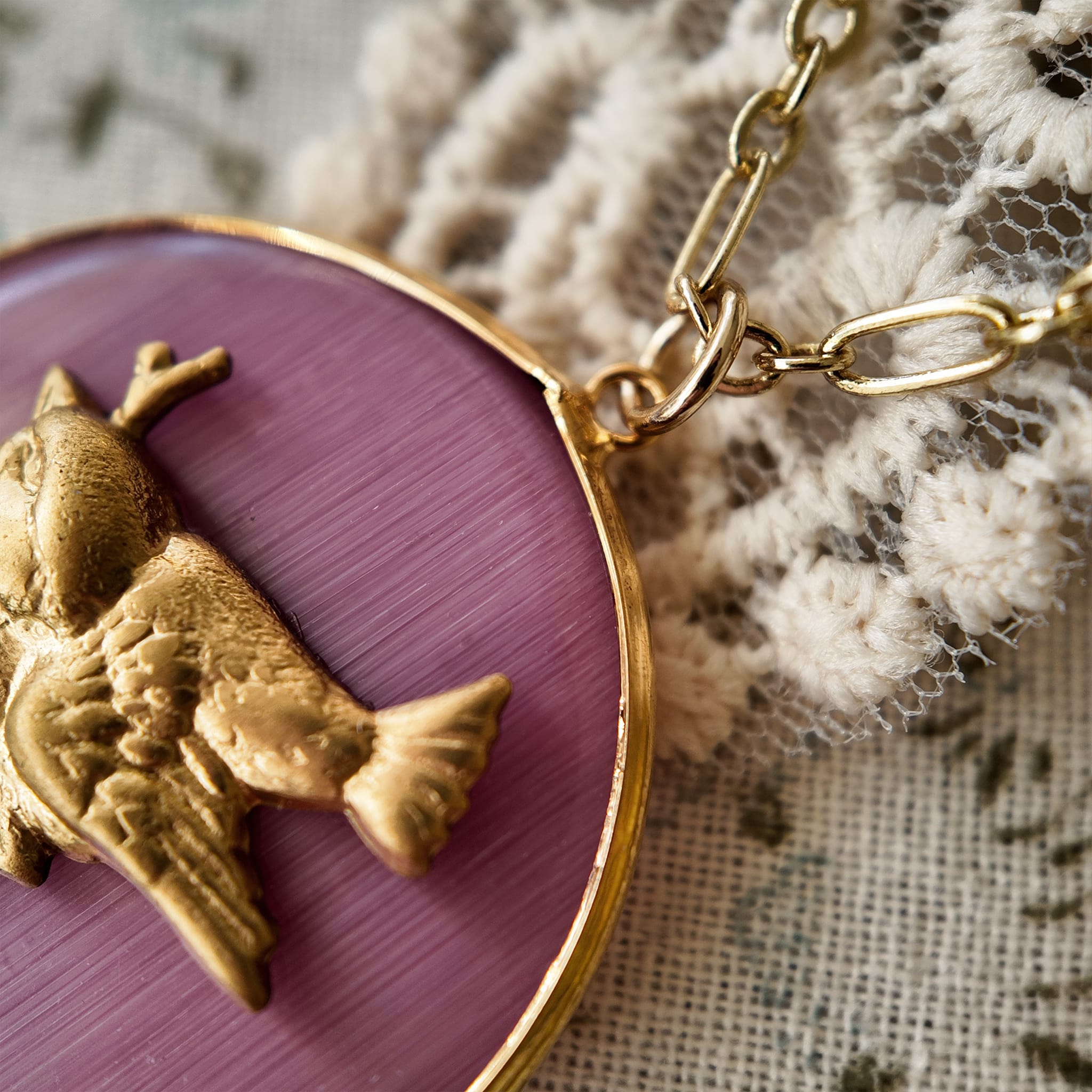 Pink cat's eye stone necklace, animal design, copper necklace.