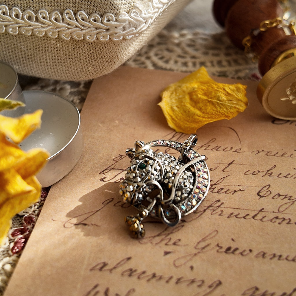 AB rhinestone brooch, featuring polo elements and a sporting symbol; small and exquisite.