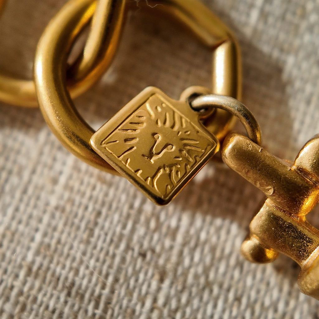 A detailed photo of the authentic Anne Klein signatures: the iconic lion head logo hang tag on the necklace and the signature "AK" hammered texture on the reverse.