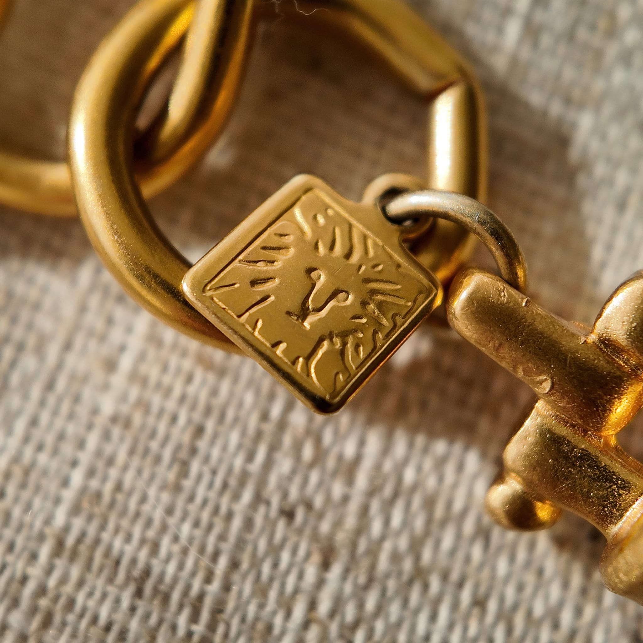 A detailed photo of the authentic Anne Klein signatures: the iconic lion head logo hang tag on the necklace and the signature "AK" hammered texture on the reverse.