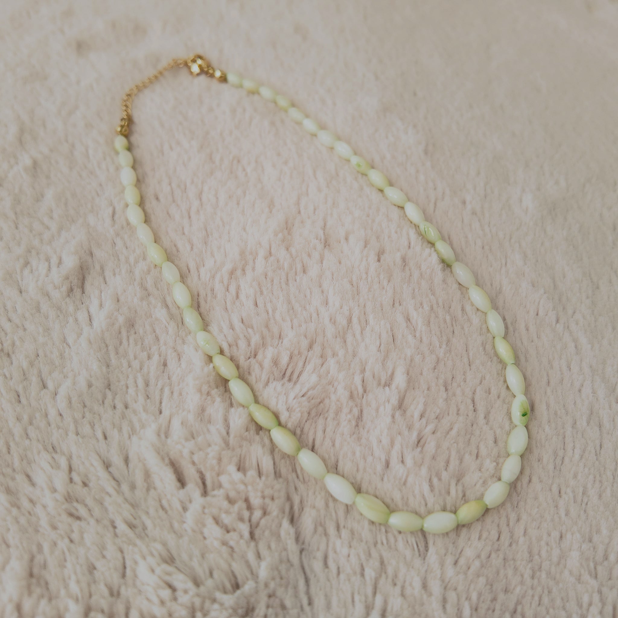 The "Nature Child" shell necklace styled on a piece of driftwood to emphasize its "Beachcomber Chic" and organic aesthetic, a true piece of the ocean.