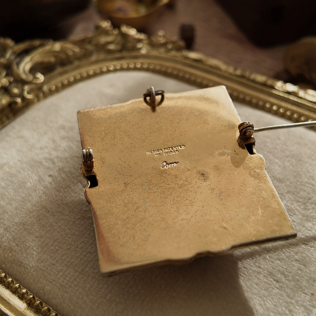 A macro shot of the reverse, clearly showing the authentic "Coro" signature and the historically significant "DESIGN PAT. NO. 121,329" from 1940.