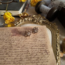 The "Elegance of the Mind" earrings styled on an old leather-bound book to emphasize their intellectual, Gothic novel aesthetic and their identity as "earned emblems."