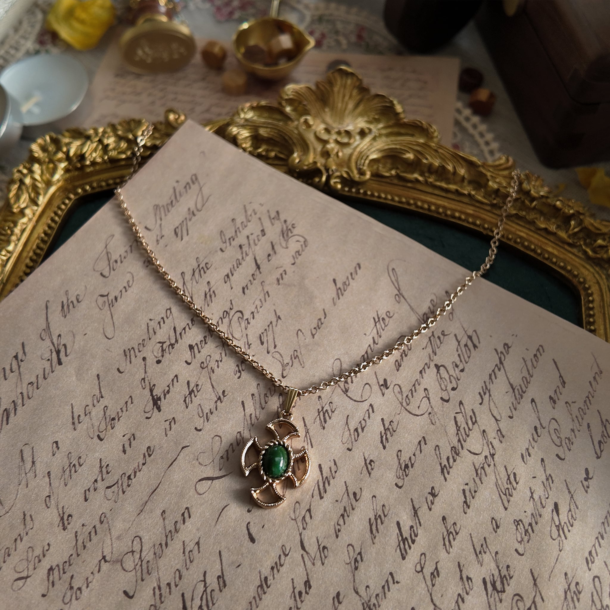 The Avon "Pocketful of Daydreams" heart necklace styled on a storybook to emphasize its "innocent world" aesthetic and its identity as a cherished, imperfect treasure.