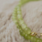 The "Emerald Spark," a dainty, artisan-made beaded choker necklace, strung with petite, micro-round Green Cat's Eye stone beads.