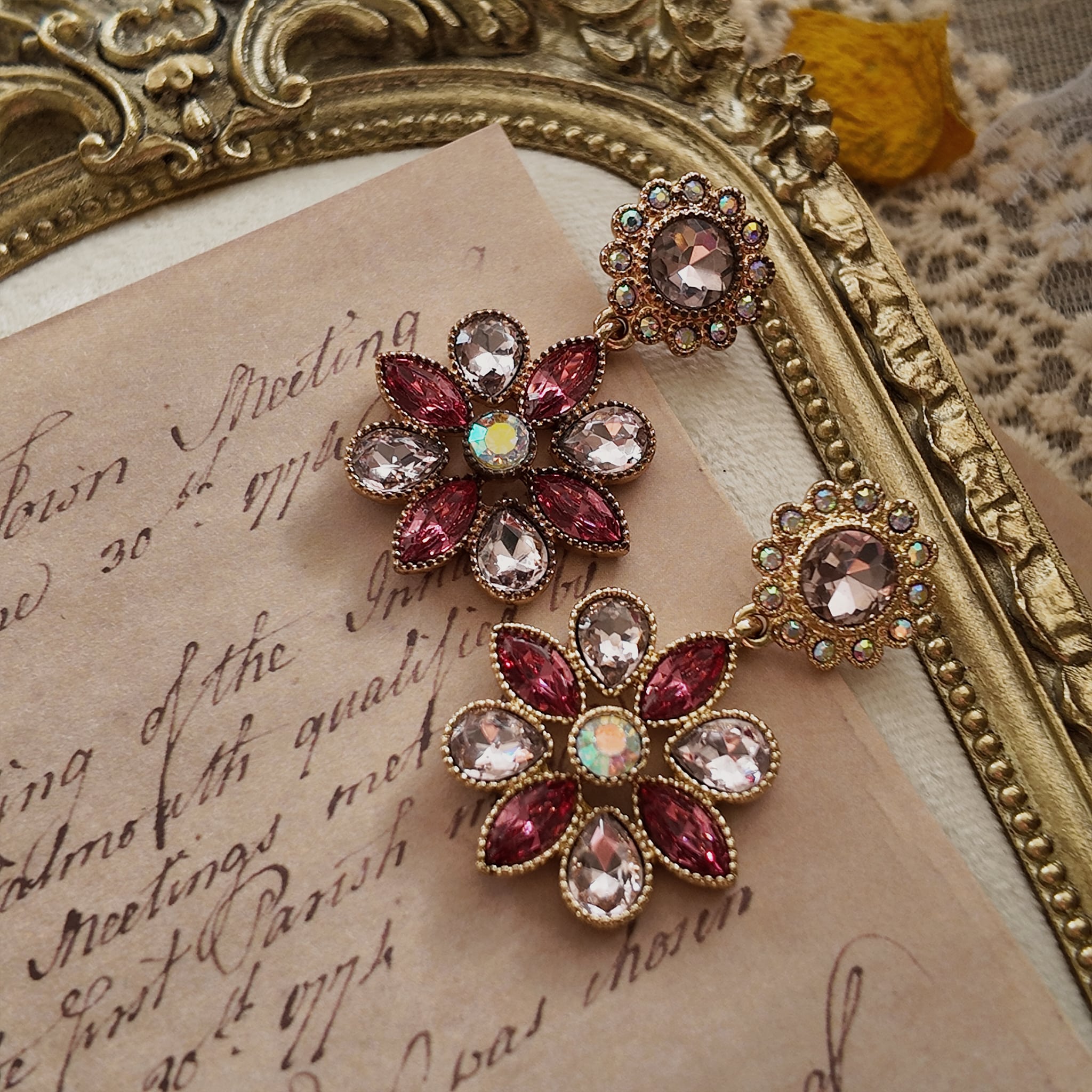 A macro shot detailing the exceptional quality of the Austrian crystals and the magical, fiery flash of the tiny faux opal stones used in this Monet design.