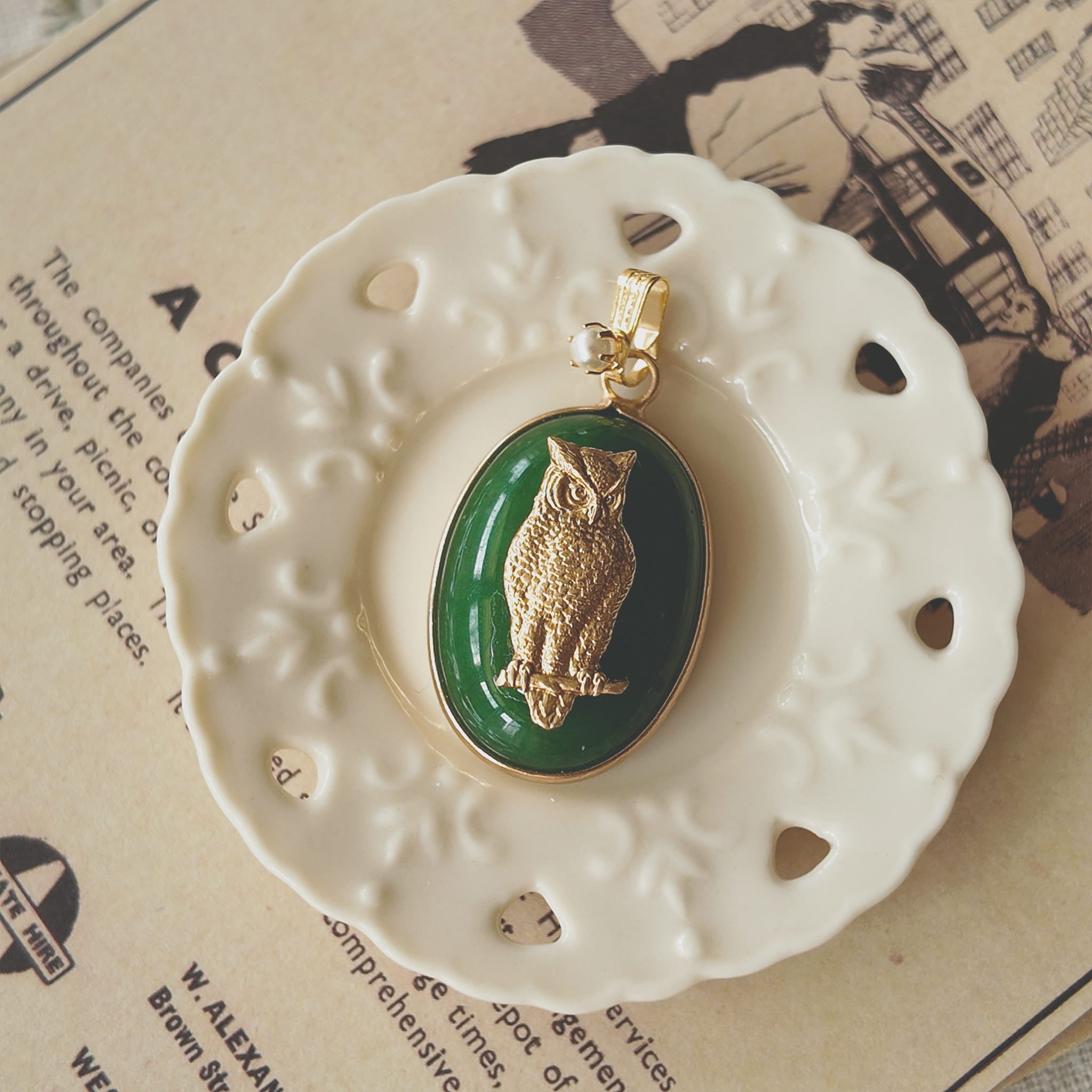 Atmospheric flatlay photography of the vintage component necklace, styled to evoke silence, nature's wisdom, and serenity.