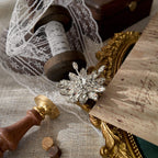 The Original by Robert statement pin worn on a black velvet dress, showcasing its spectacular sparkle, making it a perfect piece of vintage bridal jewelry.